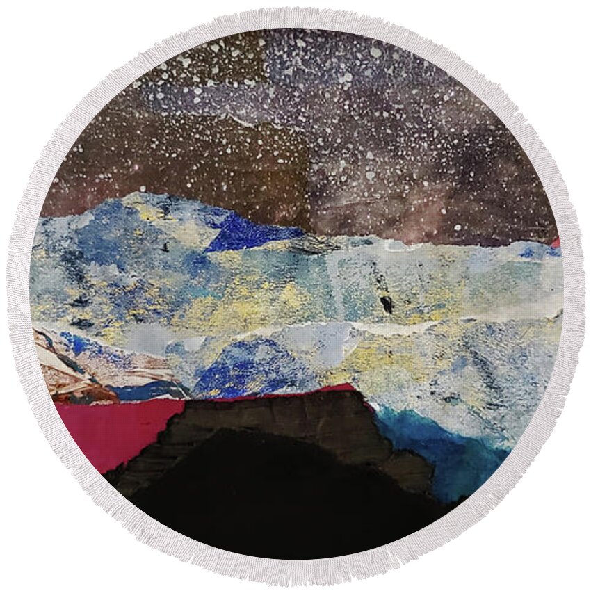 Abstract Round Beach Towel featuring the mixed media Starry Mountain Sky by Sharon Williams Eng