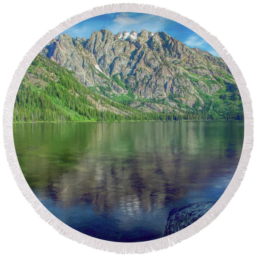 Wyoming Round Beach Towel featuring the photograph Starting the Day at Jenny Lake by Marcy Wielfaert