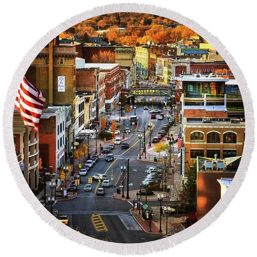 Autumn Round Beach Towel featuring the photograph State Street, USA by Neil Shapiro