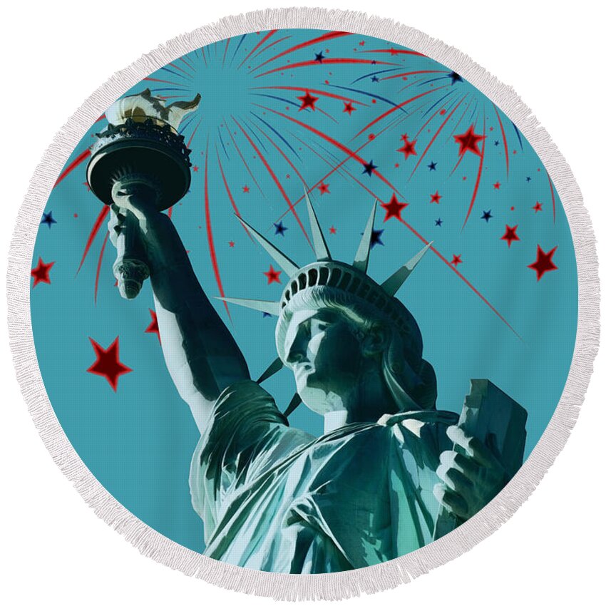 Statue Of Liberty Round Beach Towel featuring the mixed media Statue of Liberty by Judy Cuddehe