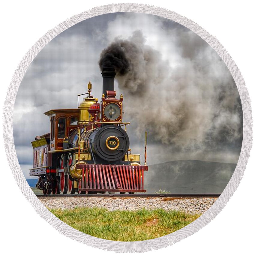 Train Round Beach Towel featuring the photograph Steam Engine Full Ahead by Pam Rendall