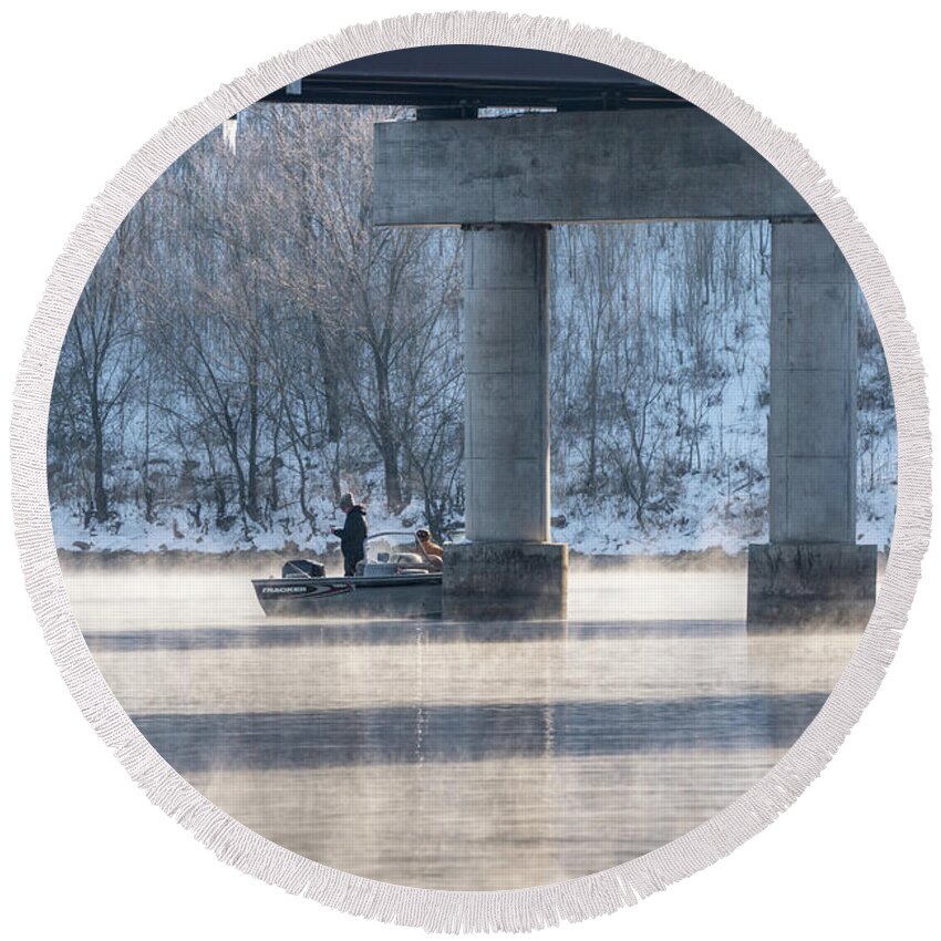 Fisherman Round Beach Towel featuring the photograph Steamy Winter Fishing Lake Taneycomo by Jennifer White