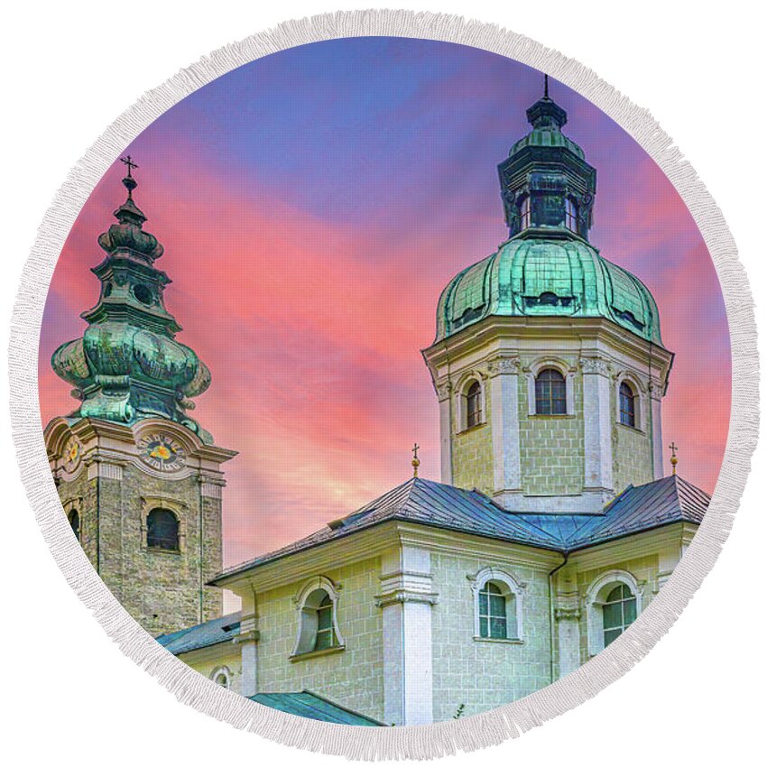 Spires Round Beach Towel featuring the photograph Steeples of Salzburg by Marcy Wielfaert