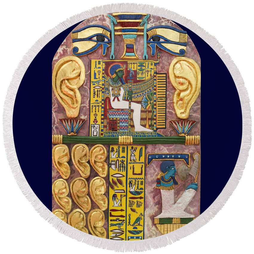 Stela Round Beach Towel featuring the mixed media Stela of Ptah Who Hears Prayers by Ptahmassu Nofra-Uaa