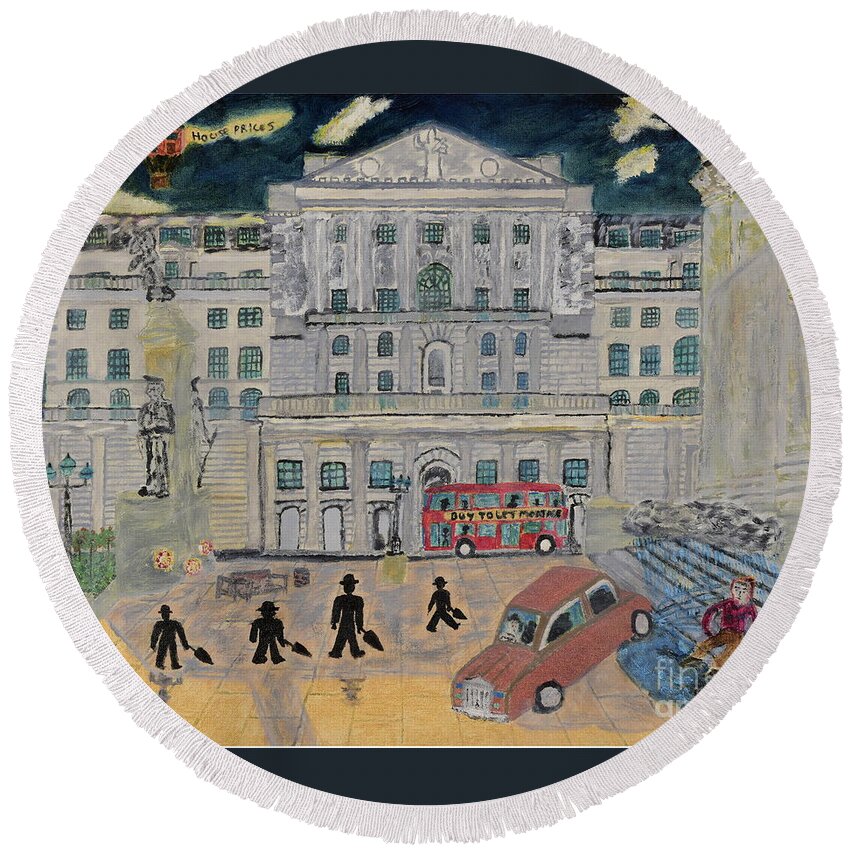 London Round Beach Towel featuring the painting Sterling Disaster by David Westwood