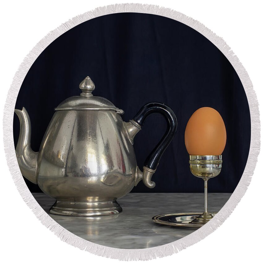 Patina Round Beach Towel featuring the photograph Sterling Silver Eggcup and Teapot Black Background Still Life by Pablo Avanzini