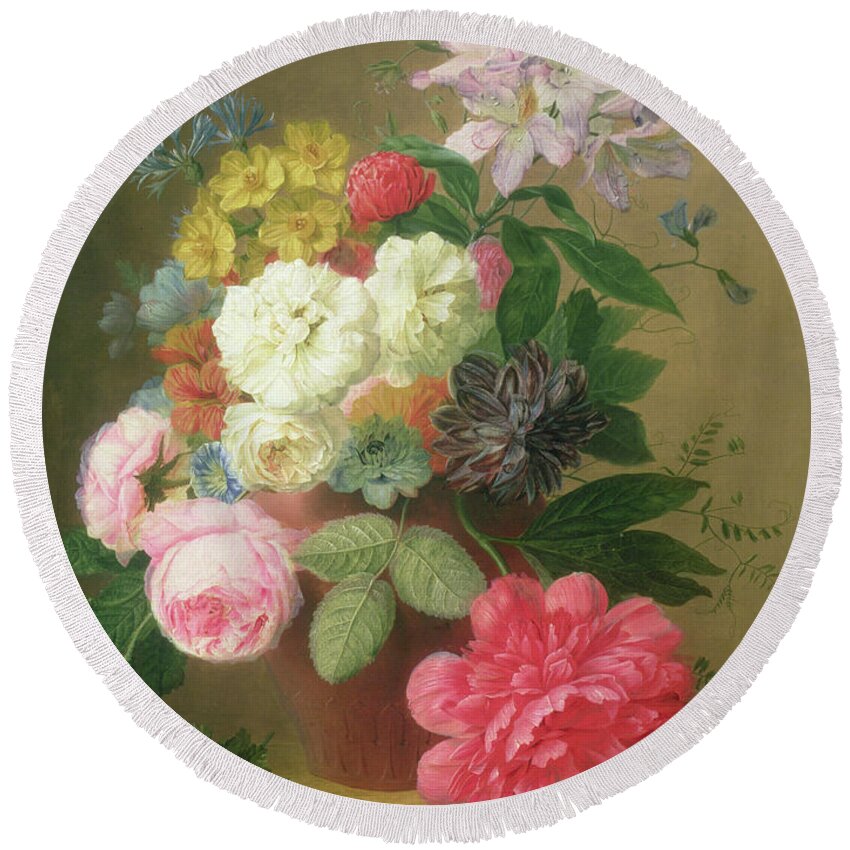 Pink Rose Round Beach Towel featuring the painting Still Life of Flowers by Arnoldus Bloemers by Arnoldus Bloemers