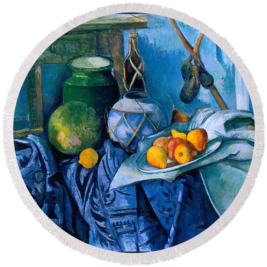 Cezanne Round Beach Towel featuring the painting Still Life with a Ginger Jar and Eggplants 1893 by Paul Cezanne
