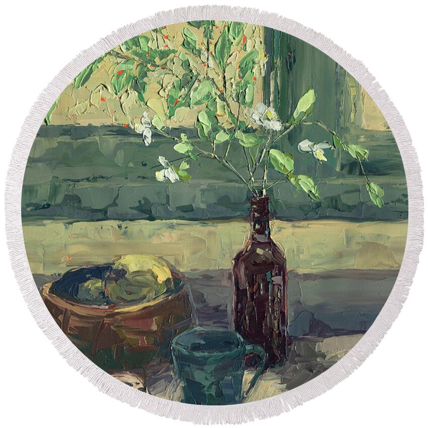 Impasto Round Beach Towel featuring the painting Still Life with Mock Orange, 2019 by PJ Kirk