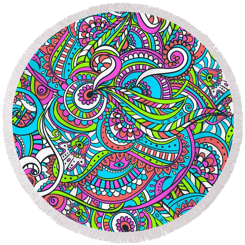 Colorful Round Beach Towel featuring the digital art Stinavka - Bright Colorful Zentangle Pattern by Sambel Pedes