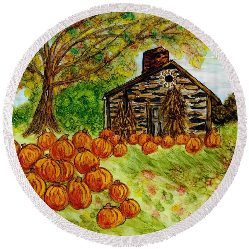  Round Beach Towel featuring the painting Stone Cabin Pumpkin Patch by Linda Stanton