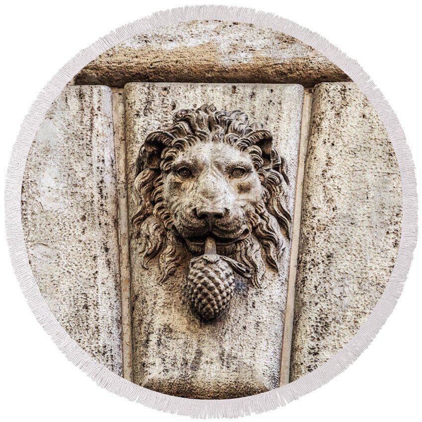 Rome Round Beach Towel featuring the photograph Stone lion head in Rome, Italy by Fabiano Di Paolo