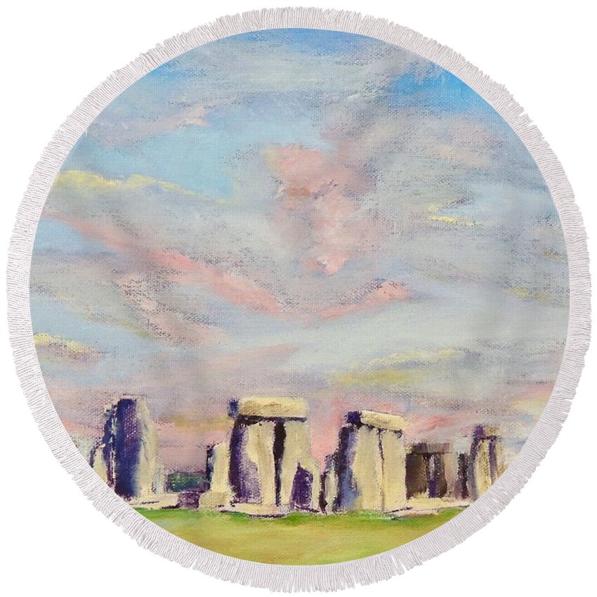 Uk Round Beach Towel featuring the painting Stonehenge by Marsha Karle