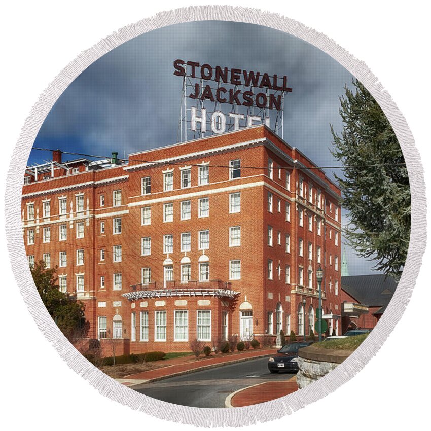 Staunton Round Beach Towel featuring the photograph Stonewall Jackson Hotel - Staunton Virginia by Susan Rissi Tregoning