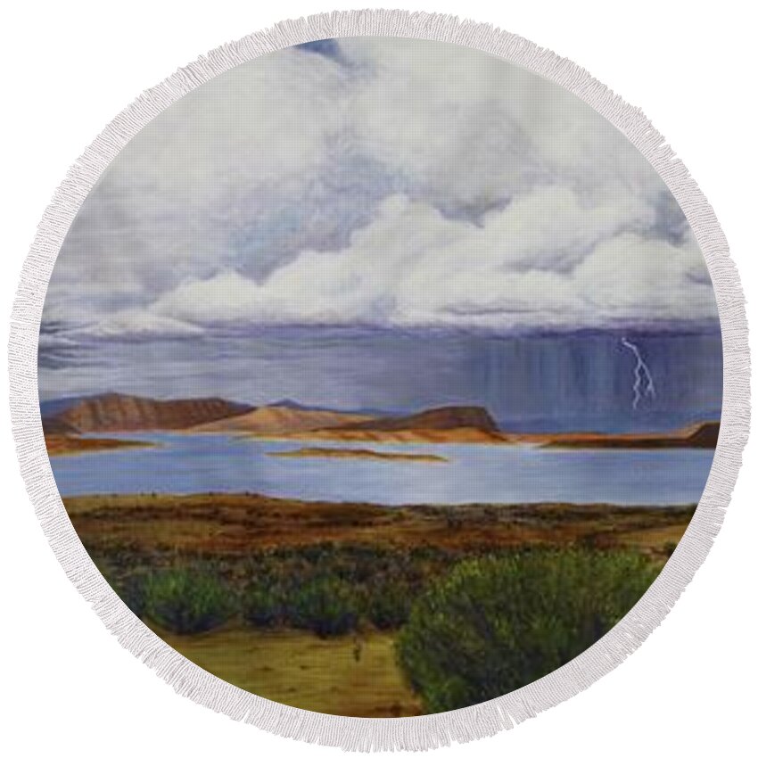 Kim Mcclinton Round Beach Towel featuring the painting Storm at Lake Powell- panorama by Kim McClinton