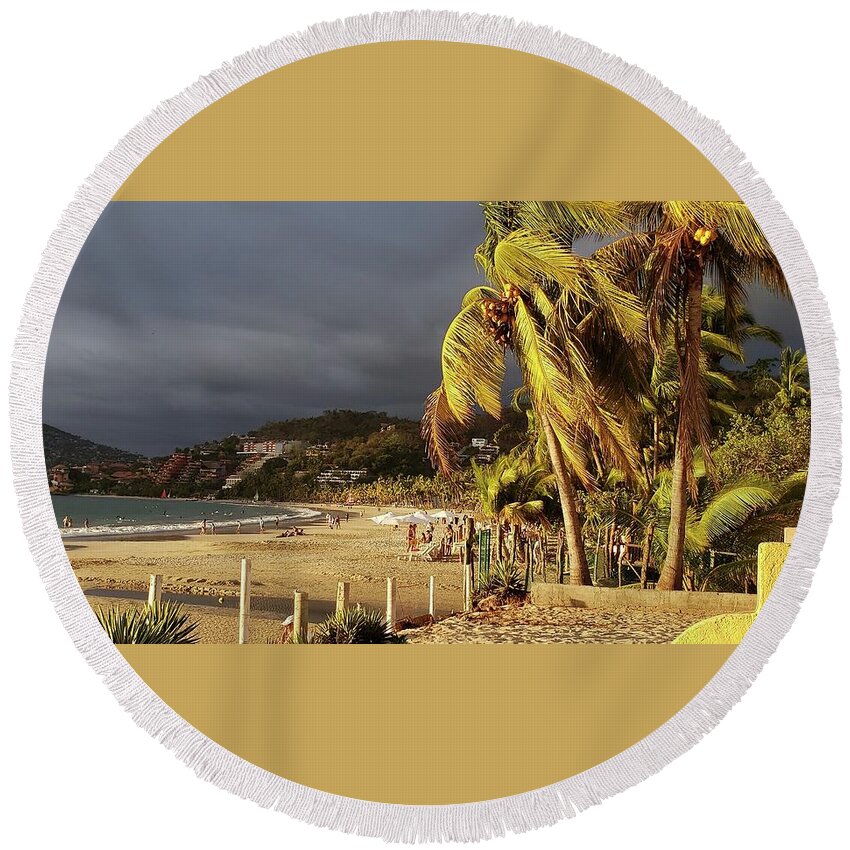 Zihuatanejo Round Beach Towel featuring the photograph Storm Brewing at Sunset by Rosanne Licciardi