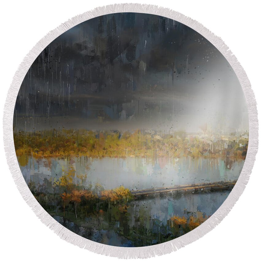 Storm Round Beach Towel featuring the painting Storm Clearing - Lake Nokomis by Glenn Galen