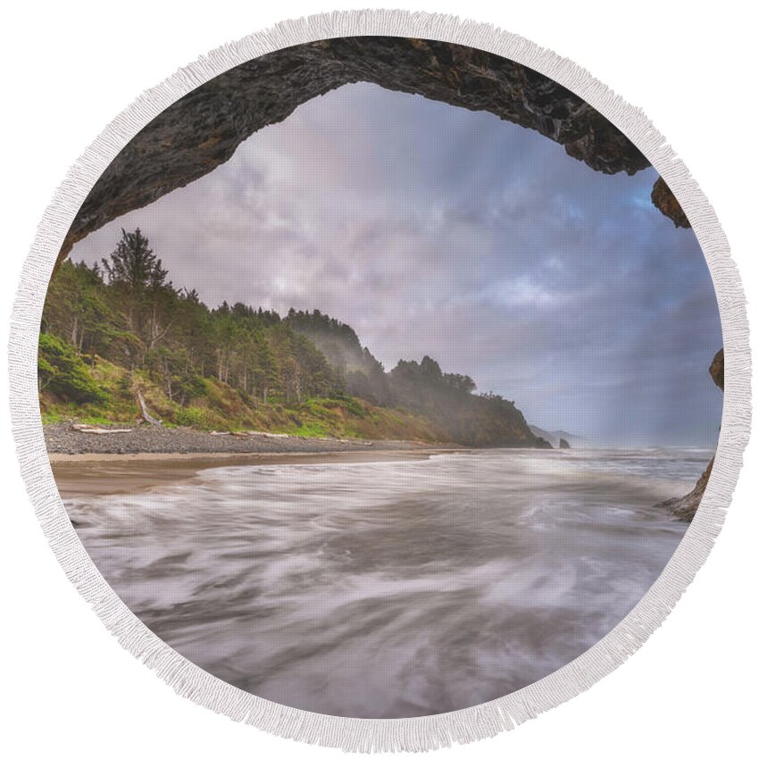 Oregon Round Beach Towel featuring the photograph Storm in the Cave by Darren White