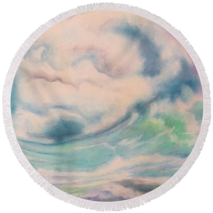 Abstract Round Beach Towel featuring the mixed media Storm on the Lake by Carl Owen