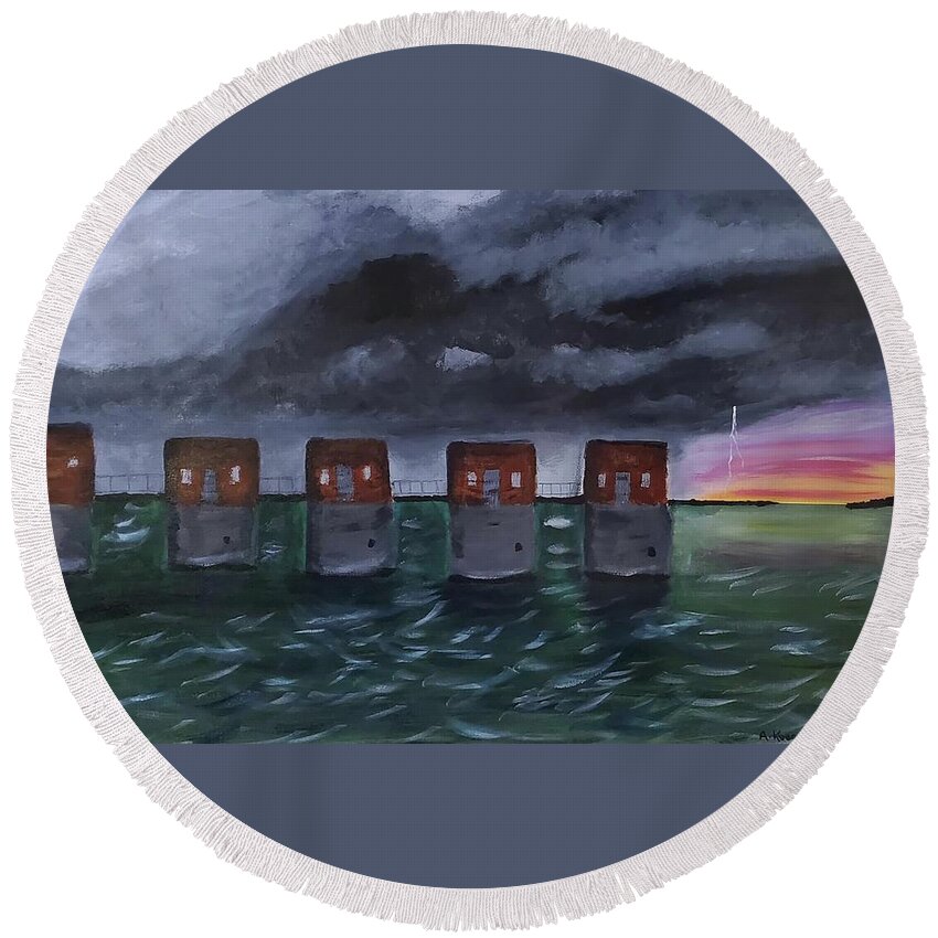 Lake Murray Round Beach Towel featuring the painting Storm Over Lake Murray by Amy Kuenzie