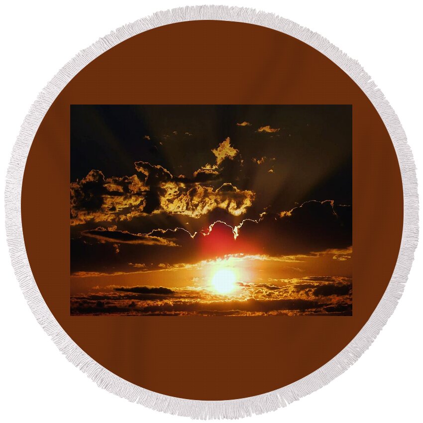 Sunset Round Beach Towel featuring the photograph Storms a'brewin by Judy Stepanian