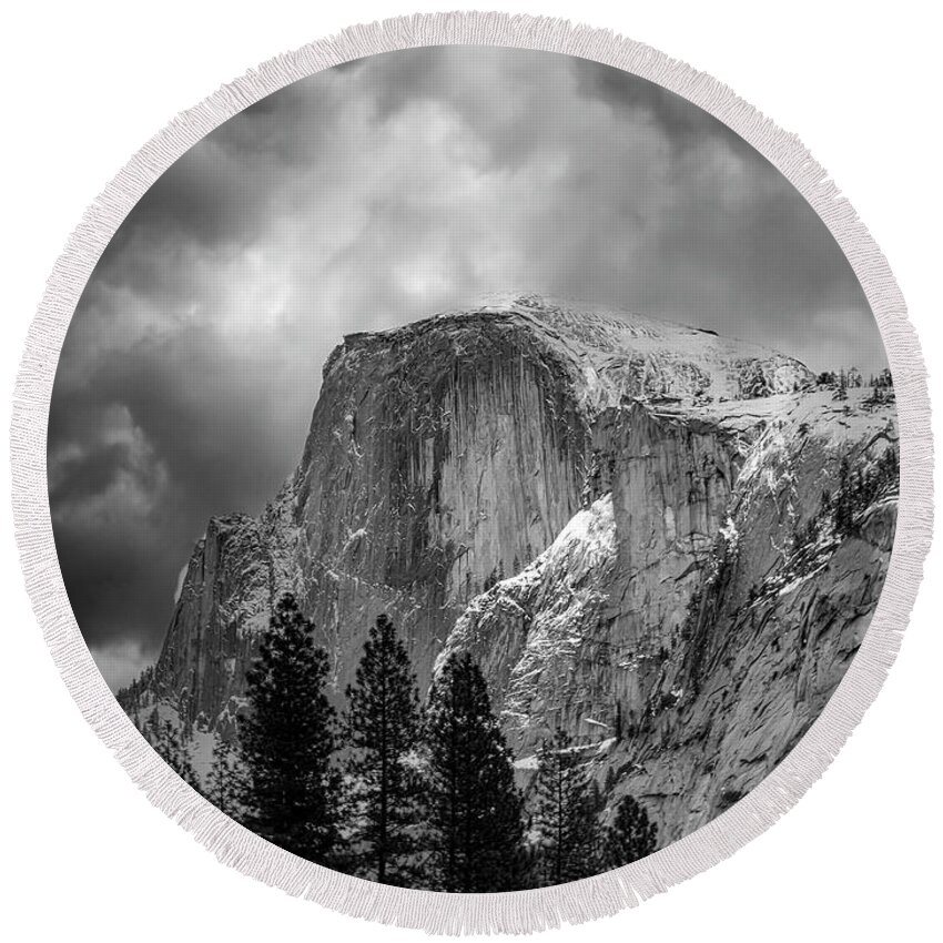 Landscape Round Beach Towel featuring the photograph Stormy Half Dome by Romeo Victor