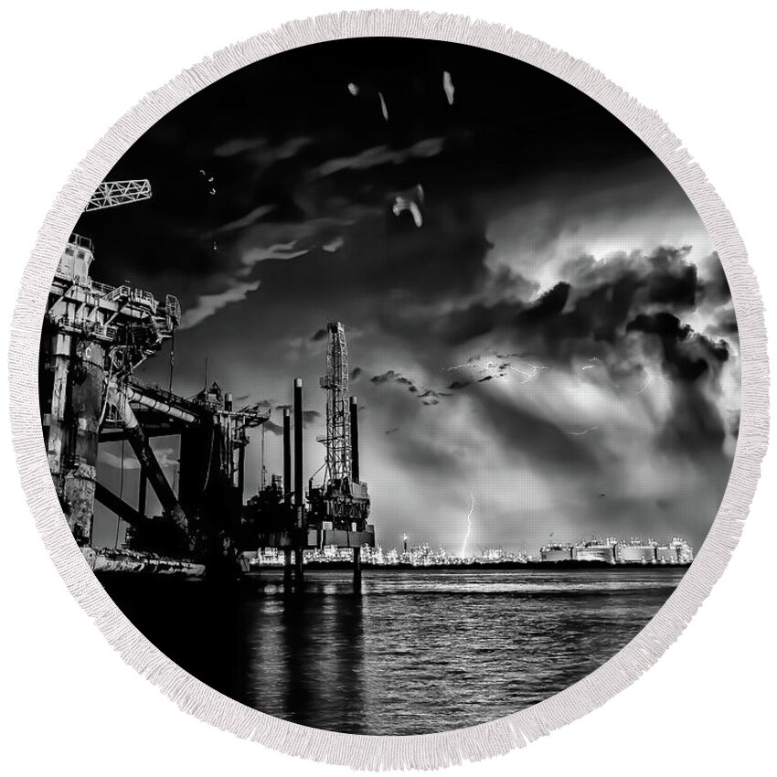 Black And White Round Beach Towel featuring the photograph Stormy Night Black and White by Jerry Connally