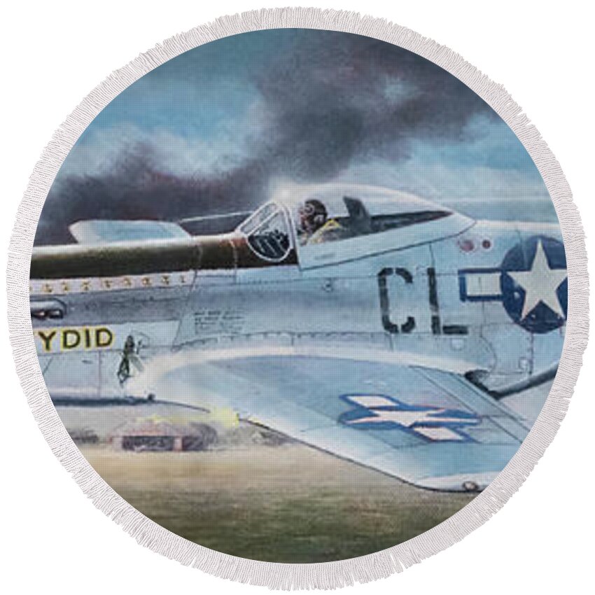 Aviation Round Beach Towel featuring the painting Strafing Mustang by Douglas Castleman