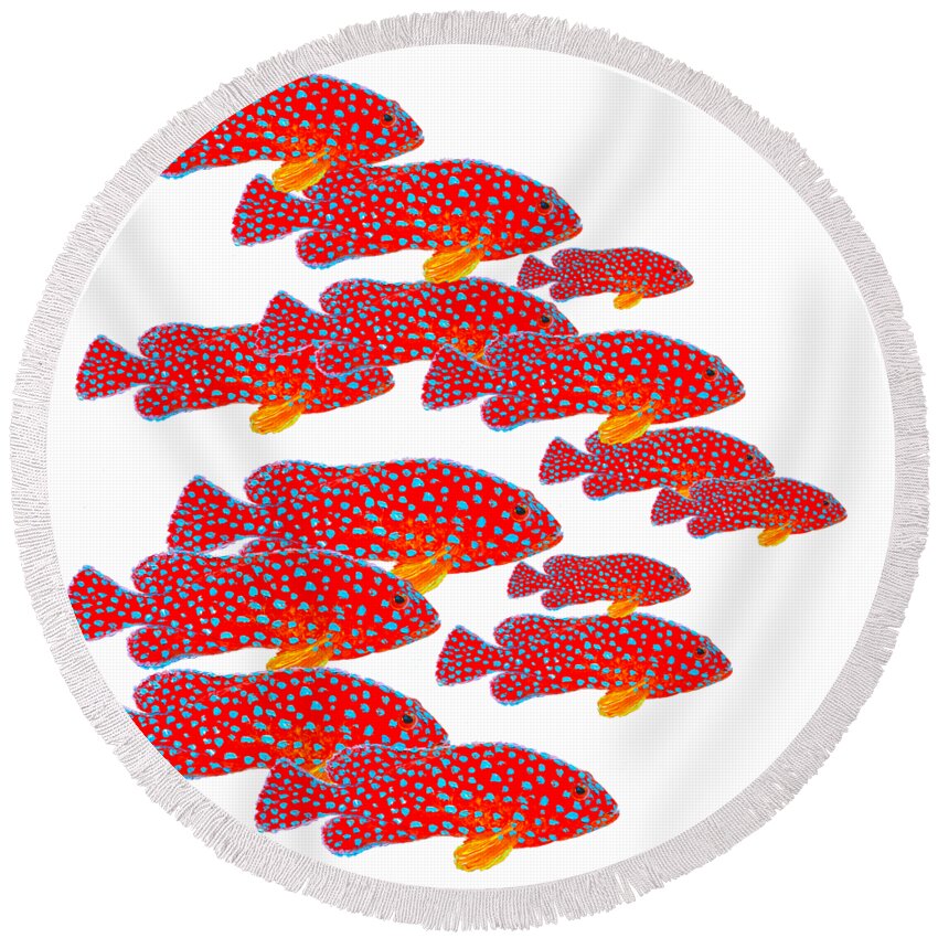 Fish Round Beach Towel featuring the painting Strawberry Grouper Fish School by Jan Matson