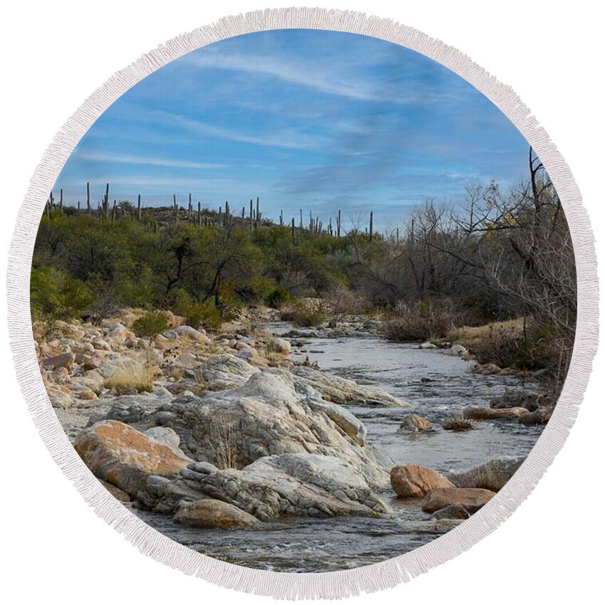 Stream In Catalina Mountains Round Beach Towel featuring the digital art Stream in Catalina Mountains by Tammy Keyes
