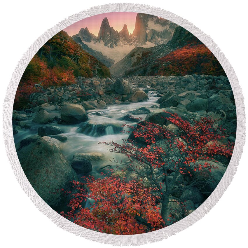 Fitz Roy Round Beach Towel featuring the photograph Stream under the peaks by Henry w Liu