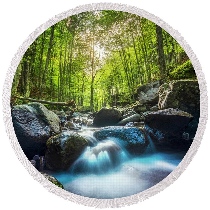 Waterfall Round Beach Towel featuring the photograph Stream waterfall inside a forest. Tuscany by Stefano Orazzini
