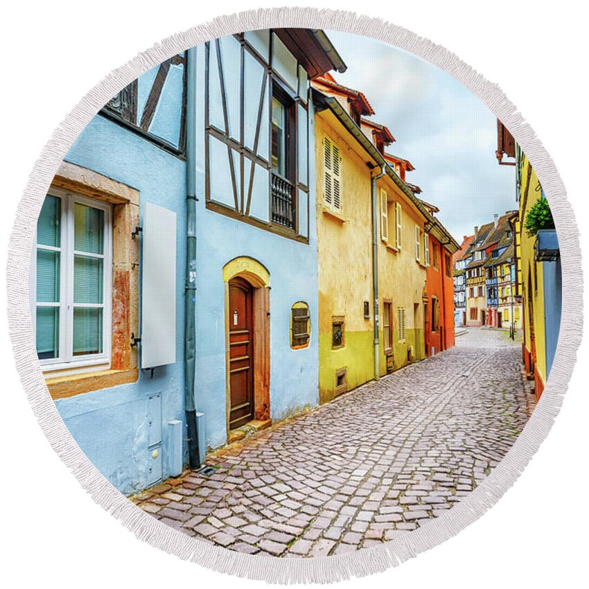 Alsace Round Beach Towel featuring the photograph Street of Alsace, Colmar by Stefano Orazzini