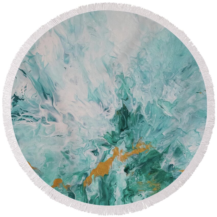 Green Round Beach Towel featuring the mixed media Stretch of Gold by Aimee Bruno