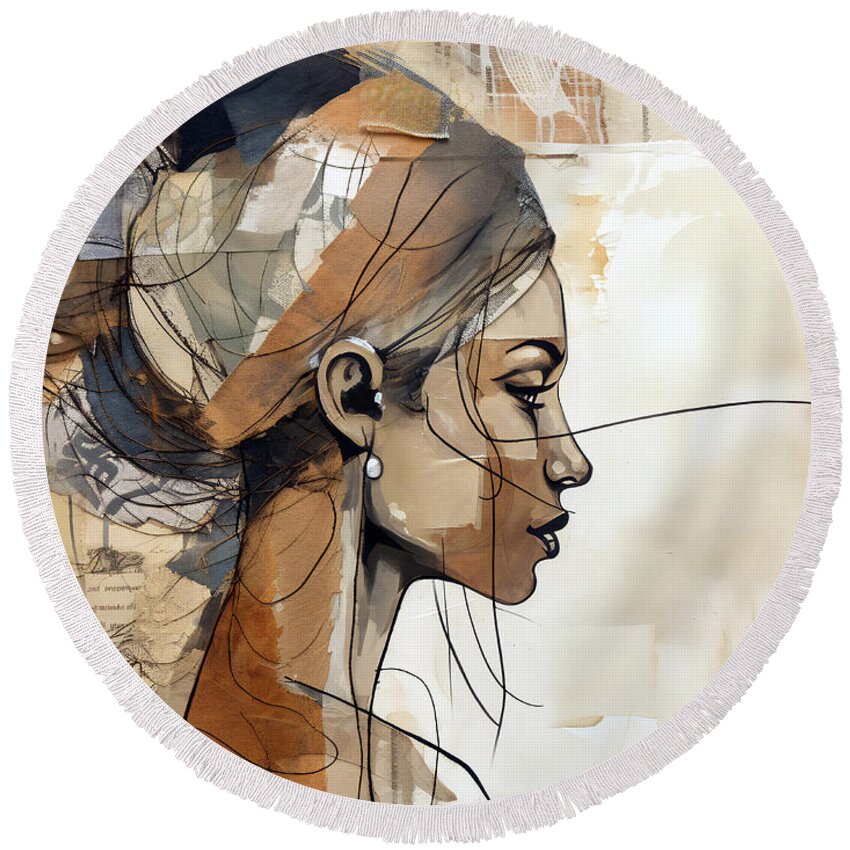 Woman Round Beach Towel featuring the mixed media Strings Attached by Jacky Gerritsen