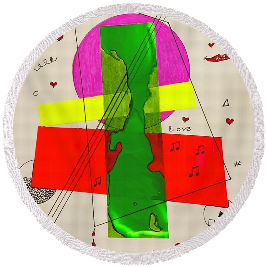  Round Beach Towel featuring the mixed media Strings on Green 111415 by Lew Hagood