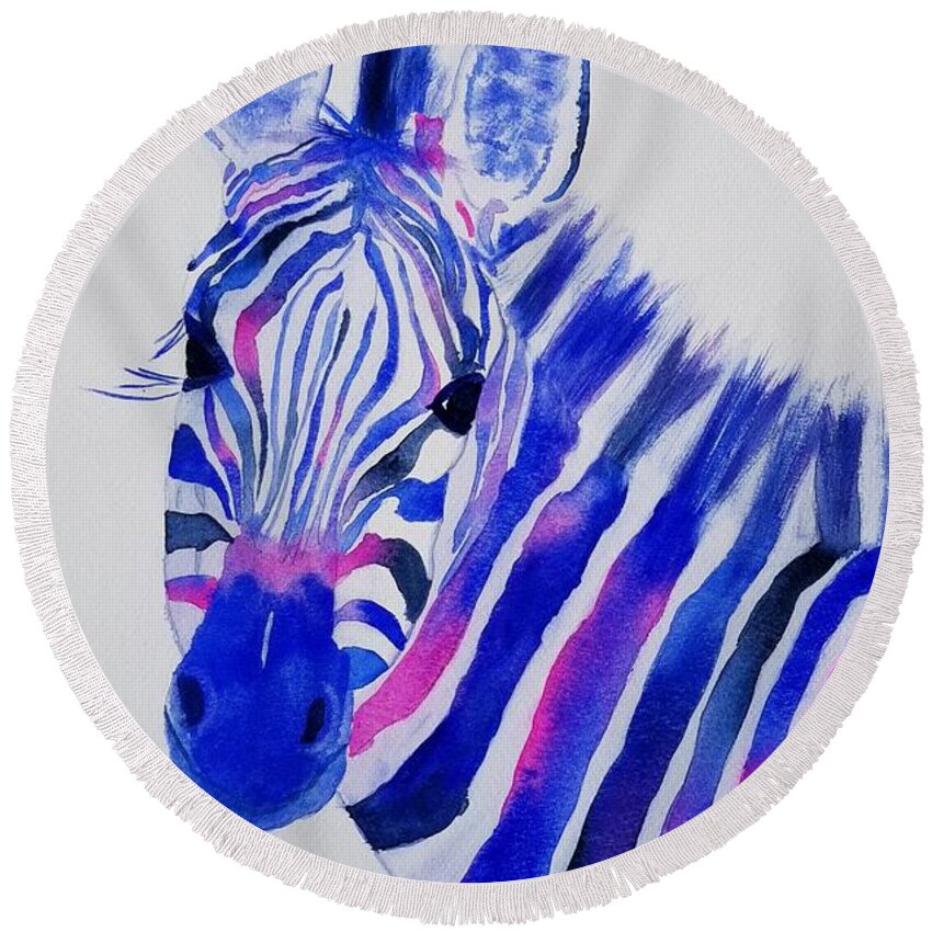 Zebras Round Beach Towel featuring the painting Stripes from the Right by Ann Frederick