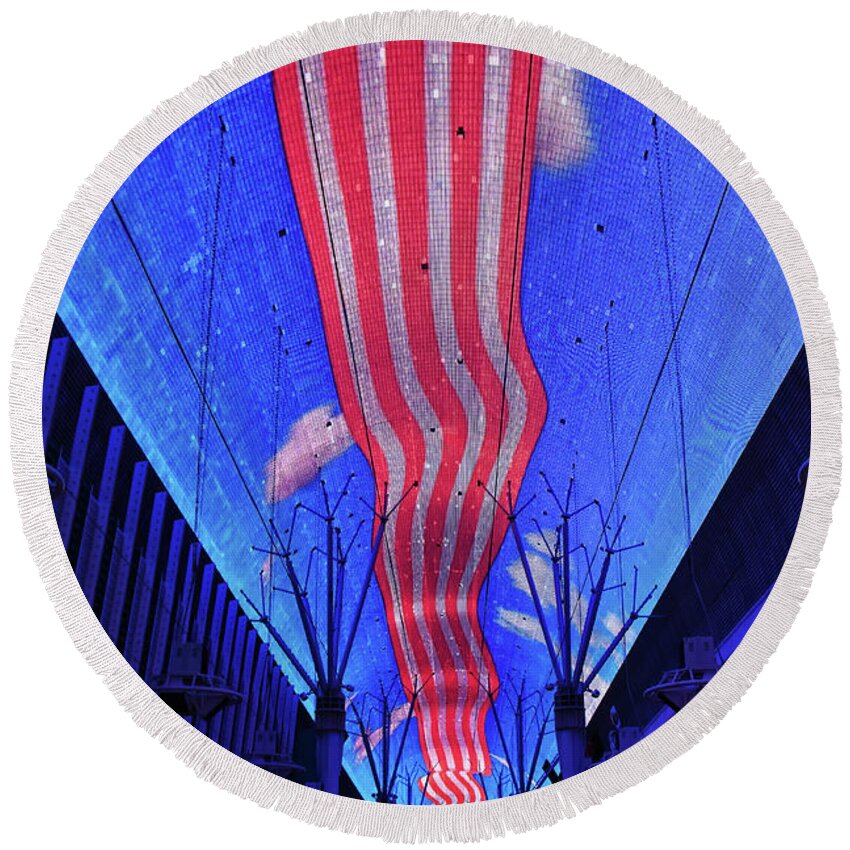 Night Round Beach Towel featuring the photograph Stripes on Fremont Street Experience, Las Vegas by Tatiana Travelways
