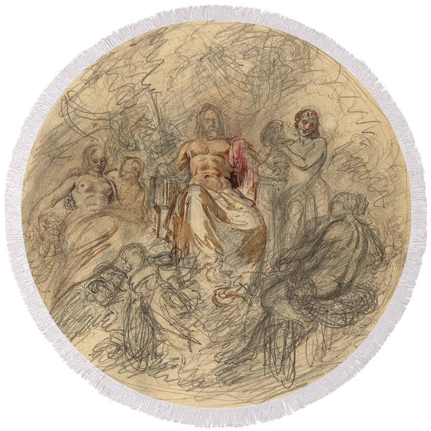 Attributed To Lorenzo Bartolini Round Beach Towel featuring the drawing Study of Jove and Three Goddesses by Attributed to Lorenzo Bartolini