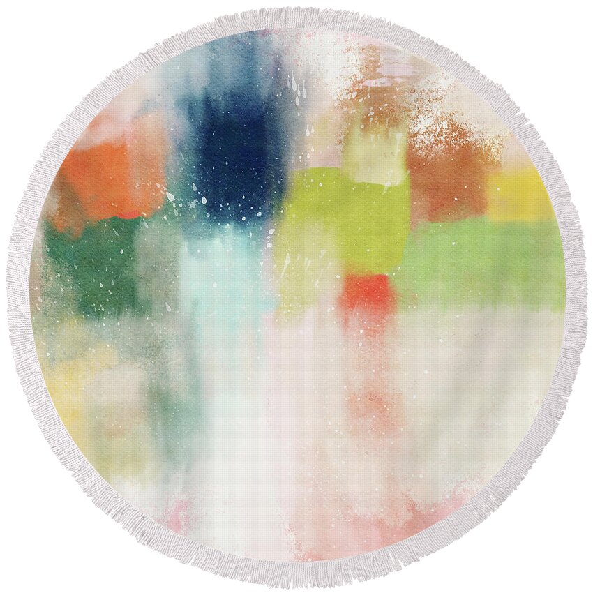 Abstract Round Beach Towel featuring the mixed media Subdued Spring- Art by Linda Woods by Linda Woods