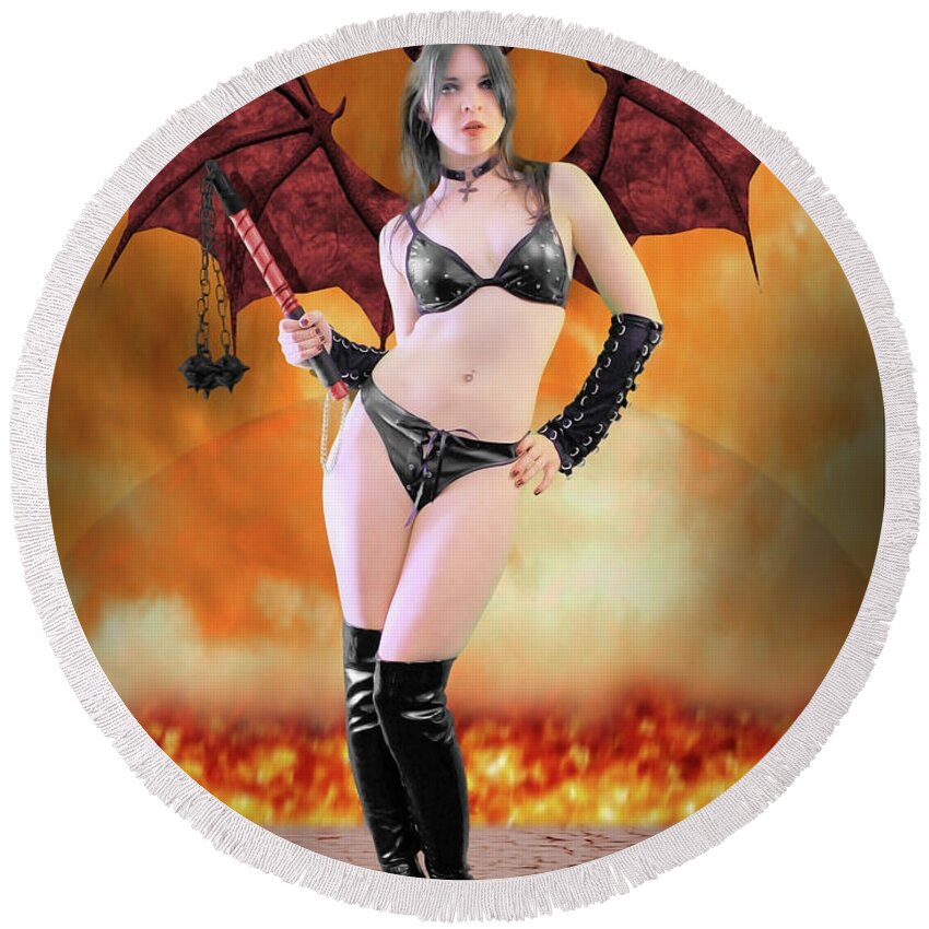 Rebel Round Beach Towel featuring the photograph Succubus with flail by Jon Volden