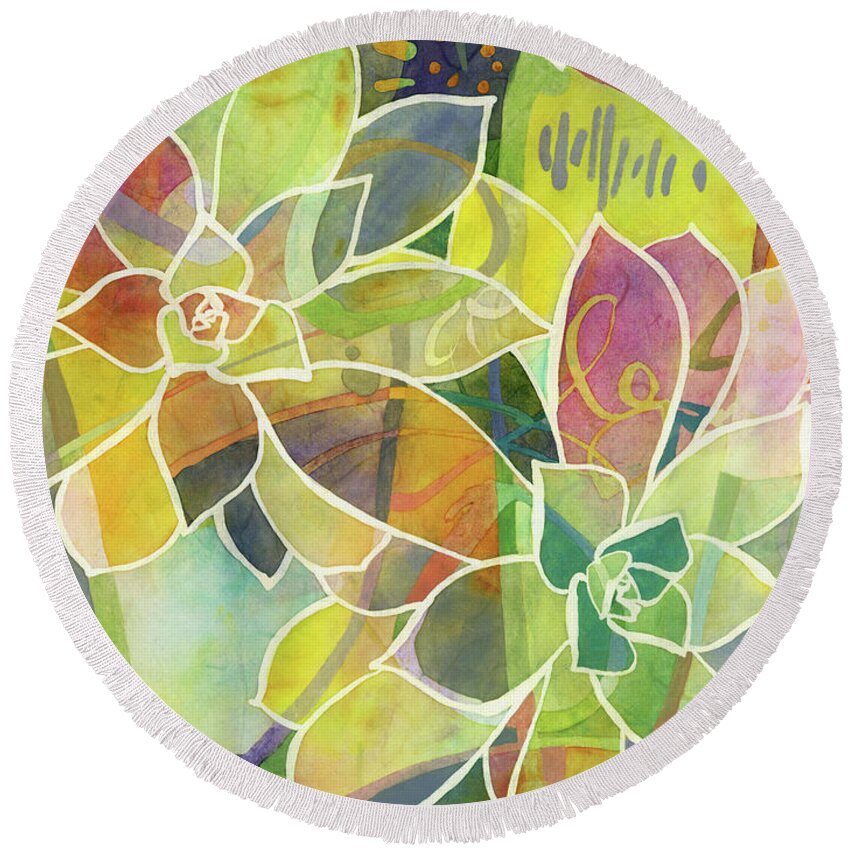 Ucculent Round Beach Towel featuring the painting Succulent Mirage 1-Horizontal by Hailey E Herrera