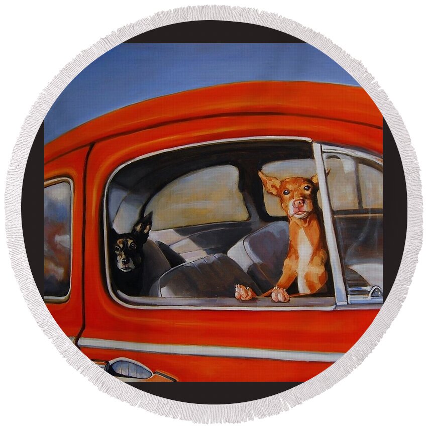 Dogs Round Beach Towel featuring the painting If We're Such Good Boys Why Did You Leave Us In The Car by Jean Cormier
