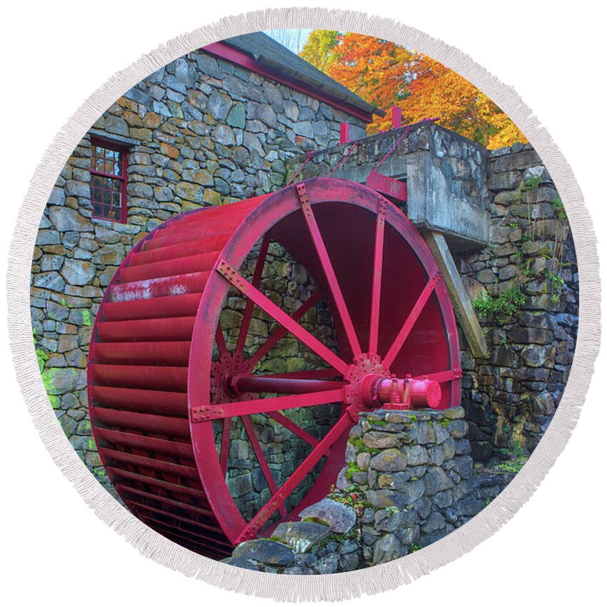 Red Waterwheel Round Beach Towel featuring the photograph Sudbury Grist Mill Red Waterwheel by Juergen Roth