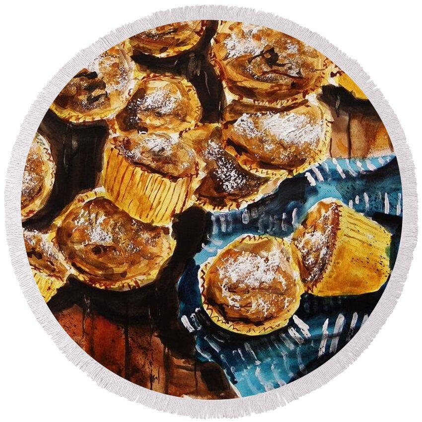 Bakery Round Beach Towel featuring the painting Sugar and Pumpkin Spice Muffins by John Williams