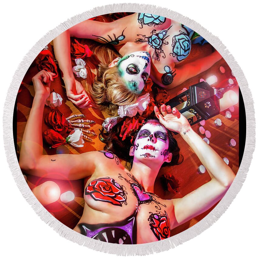 Cosplay Round Beach Towel featuring the photograph Sugar Skulls #1 by Christopher W Weeks