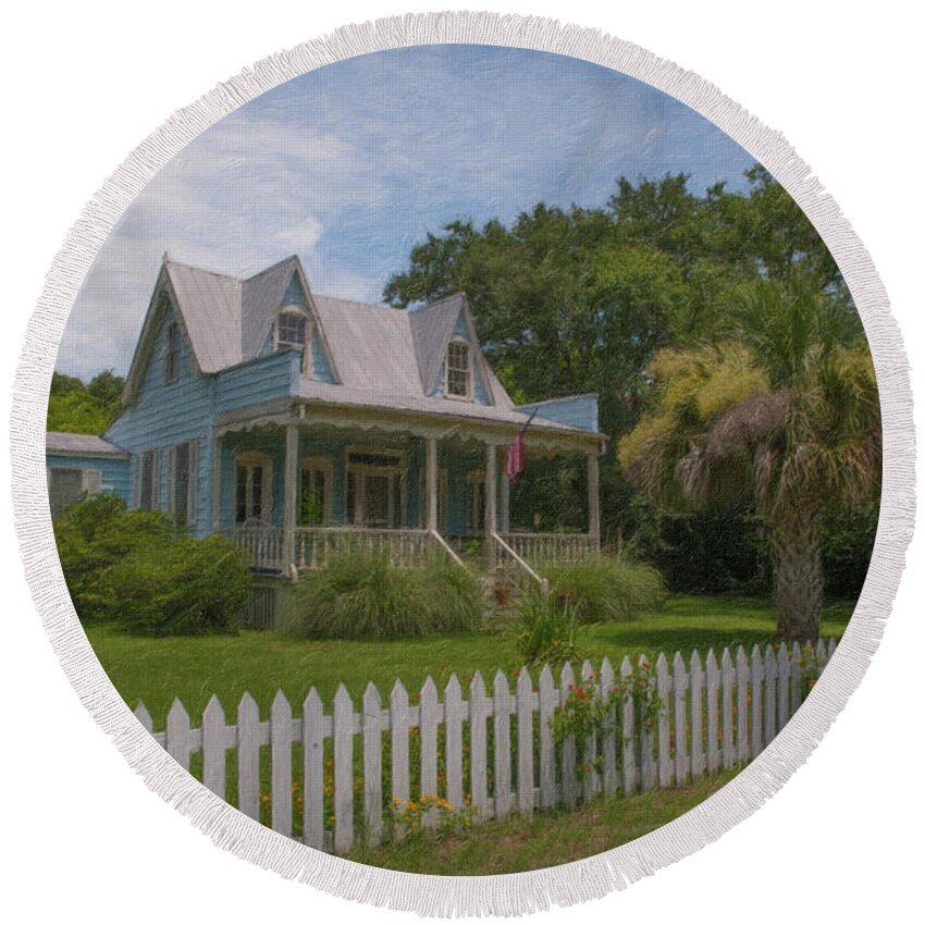 Story Book Home Round Beach Towel featuring the painting Sullivan's Island Coastal Cottage - Charleston South Carolina by Dale Powell
