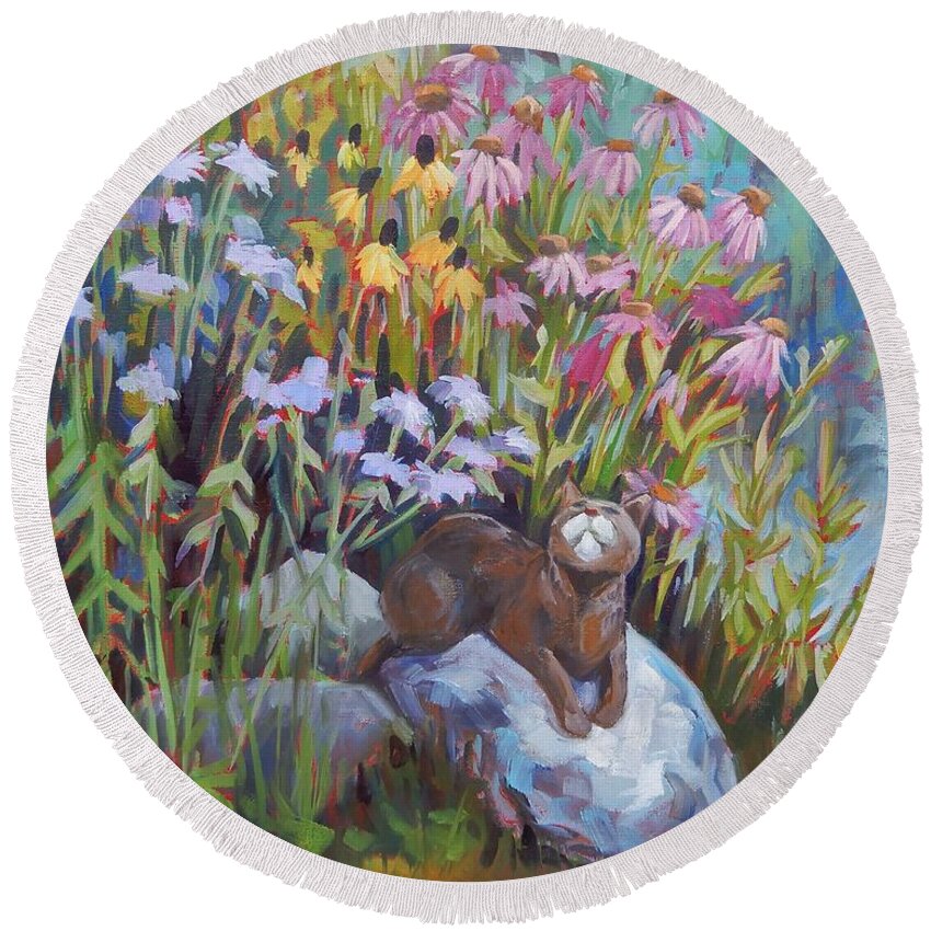 Cat Round Beach Towel featuring the painting Summer Admiration by K M Pawelec