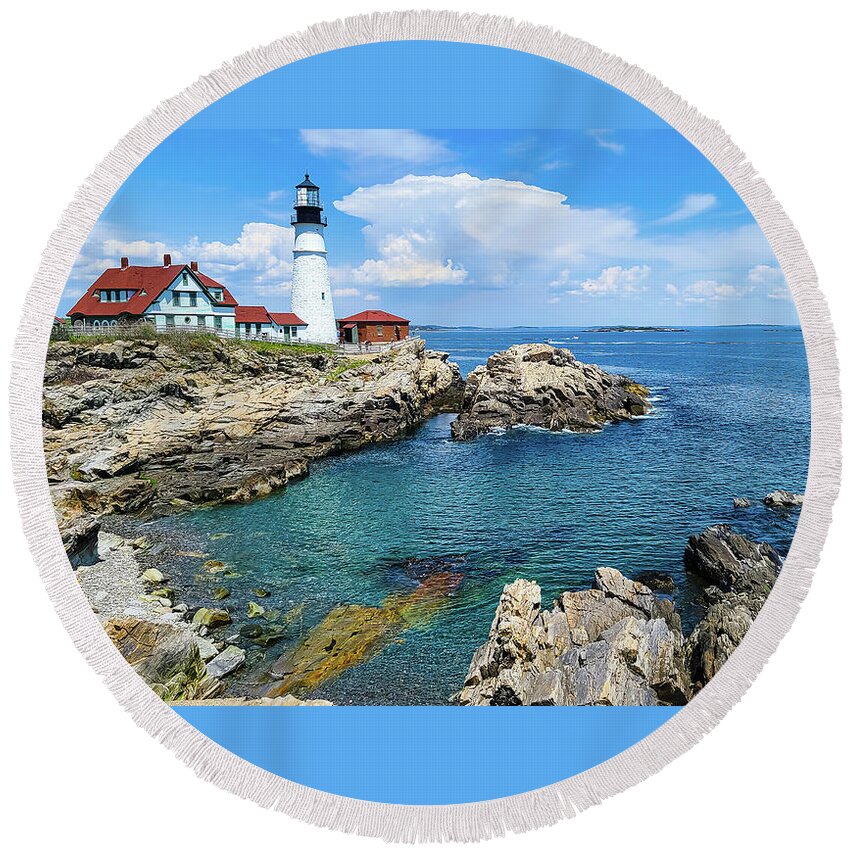 Portland Head Round Beach Towel featuring the photograph Summer at Portland Head Lighthouse by Ron Long Ltd Photography
