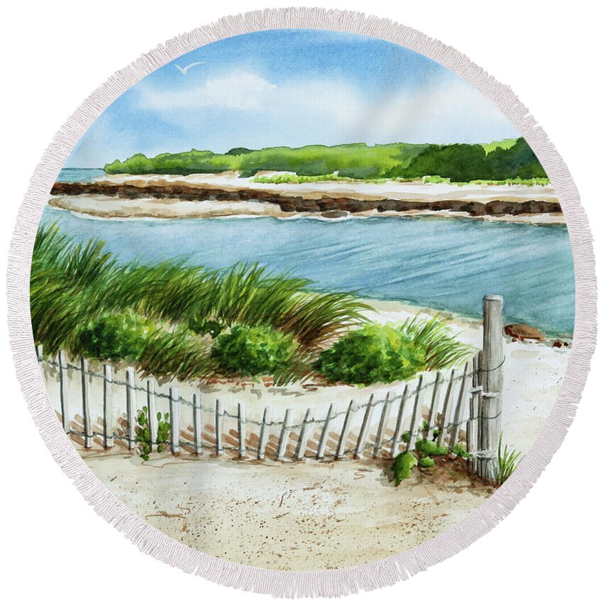 Summer At Sesuit Harbor Cape Cod Round Beach Towel featuring the painting Summer at Sesuit Harbor Cape Cod by Michelle Constantine